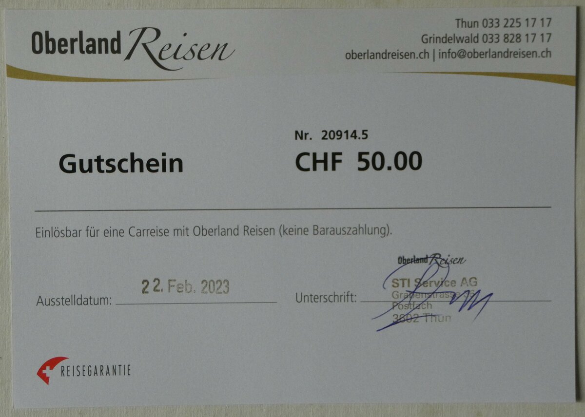 (247'482) - Oberland Reisen-Gutschein vom 22. Februar 2023 am 19. M�rz 2023 in Thun