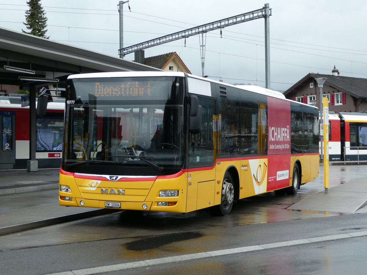 (247'576) - PostAuto Zentralschweiz - Nr. 504/OW 10'004/PID 10'777 - MAN (ex Nr. 10; ex Dillier, Sarnen Nr. 10) am 24. M�rz 2023 beim Bahnhof Sarnen