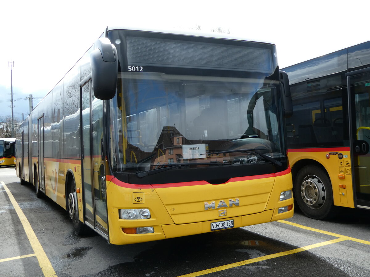 (247'666) - CarPostal Ouest - VD 608'138/PID 5012 - MAN (ex NE 165'376; ex VD 495'042) am 25. M�rz 2023 in Yverdon, Garage