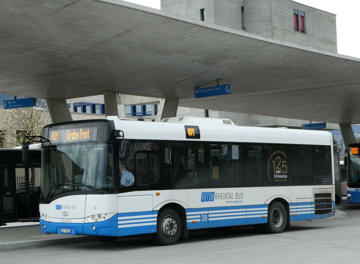 (248'496) - RTB Altst�tten - Nr. 28/SG 72'926 - Solaris am 13. April 2023 beim Bahnhof Buchs
