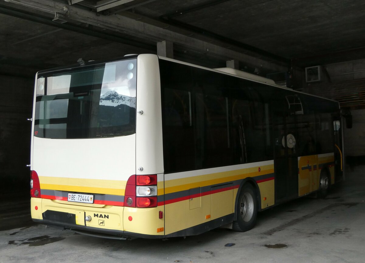 (249'192) - Grindelwaldbus, Grindelwald - Nr. 17/BE 72'444 - MAN/G�ppel (ex STI Thun Nr. 133) am 28. April 2023 in Grindelwald, Garage