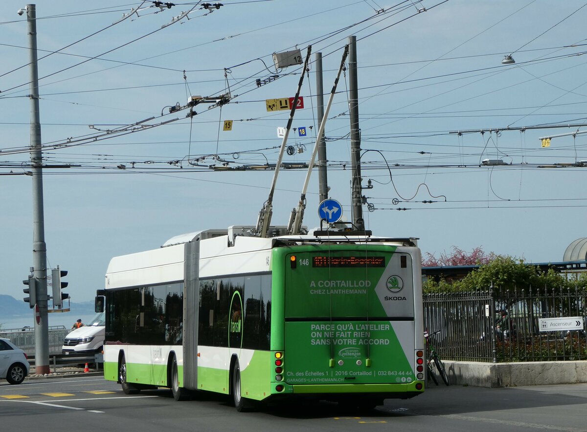 (249'578) - transN, La Chaux-de-Fonds - Nr. 146 - Hess/Hess Gelenktrolleybus (ex TN Neuch�tel Nr. 146) am 5. Mai 2023 in Neuch�tel, Place Pury