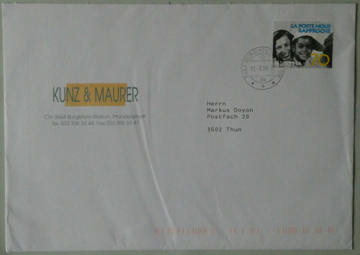(250'018) - Kunz&Maurer-Briefumschlag vom 17. M�rz 1998 am 14. Mai 2023 in Thun