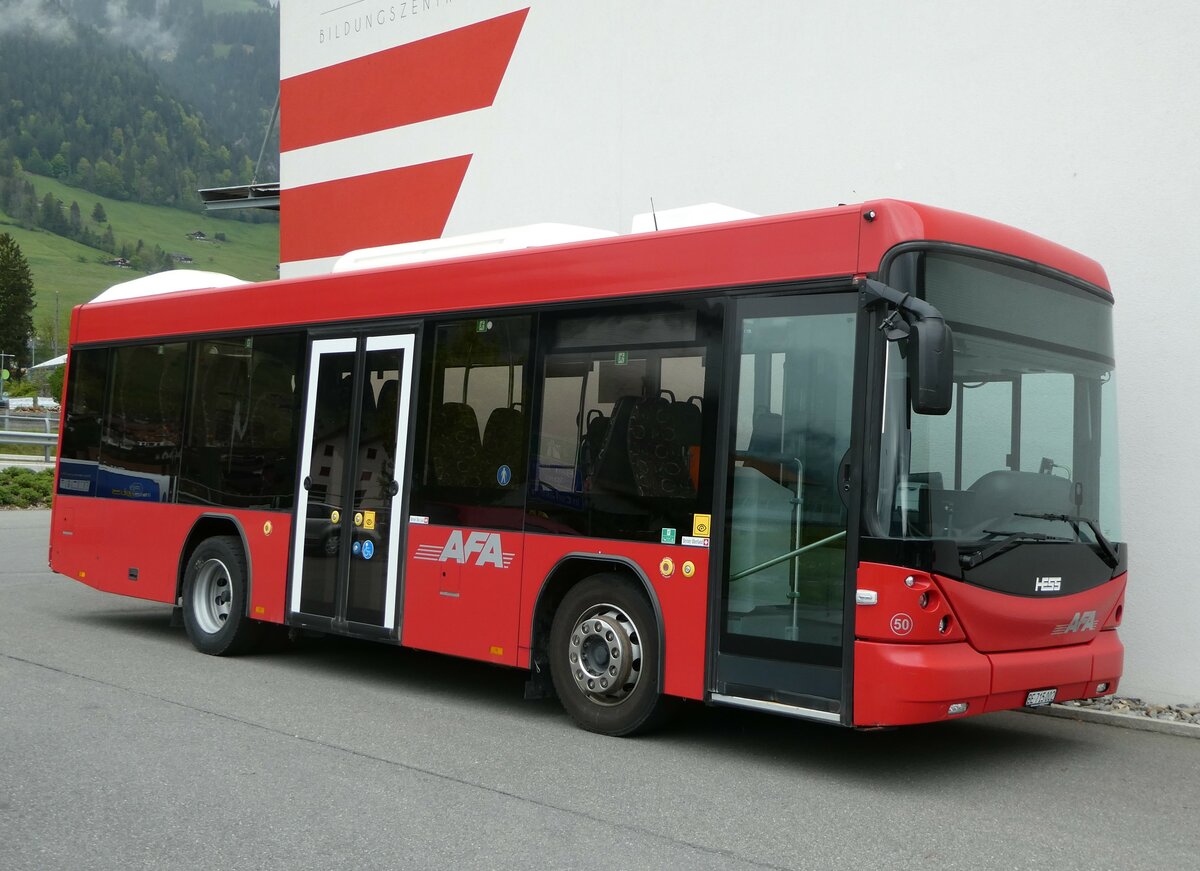 (250'034) - AFA Adelboden - Nr. 50/BE 715'002 - Scania/Hess am 15. Mai 2023 in Frutigen, Garage