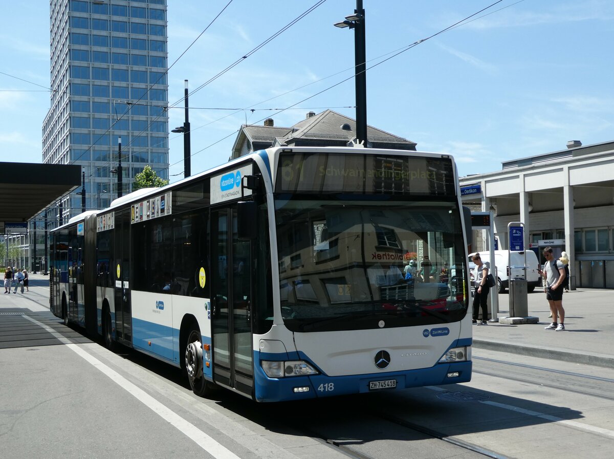 (251'471) - VBZ Z�rich - Nr. 418/ZH 745'418 - Mercedes am 13. Juni 2023 beim Bahnhof Z�rich Oerlikon
