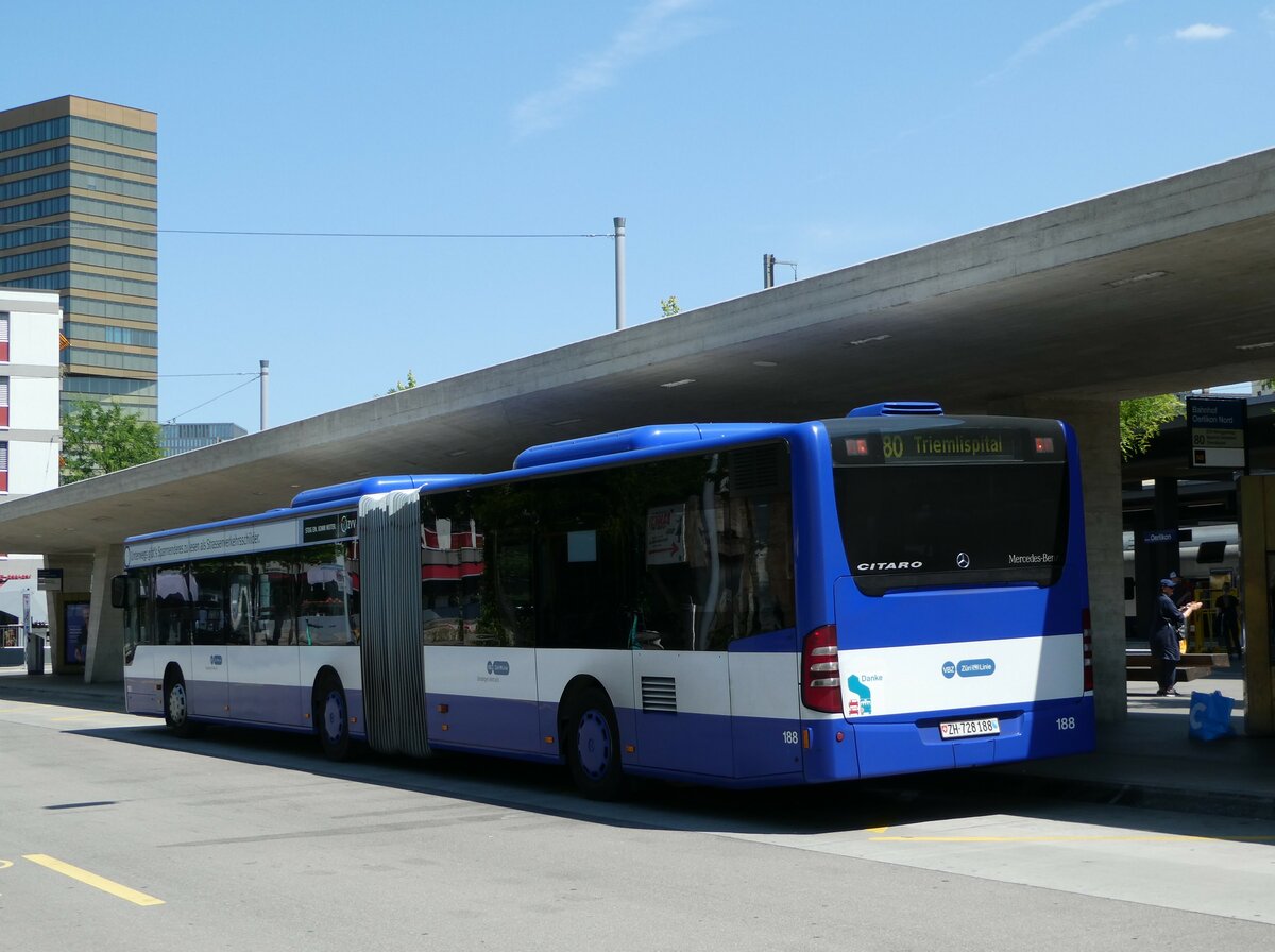 (251'481) - VBZ Z�rich - Nr. 188/ZH 728'188 - Mercedes (ex VZO Gr�ningen Nr. 110) am 13. Juni 2023 beim Bahnhof Z�rich Oerlikon