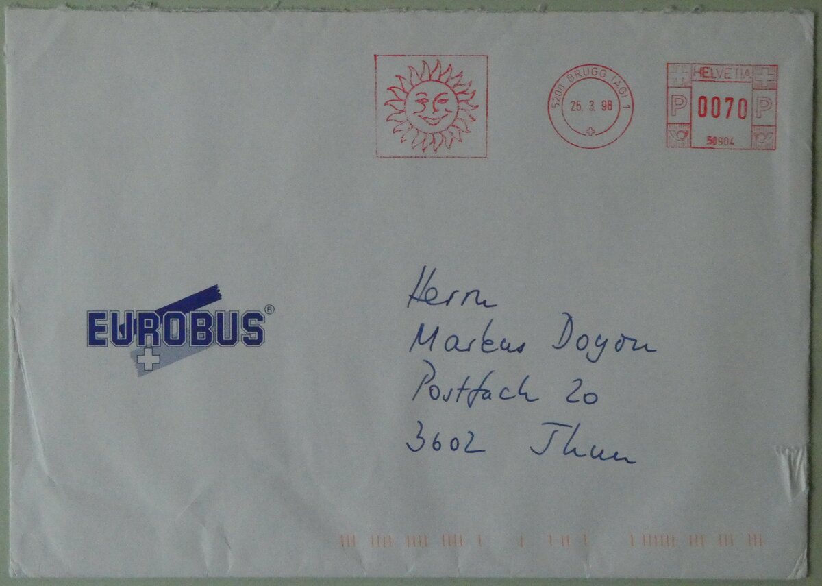 (252'526) - Eurobus-Briefumschlag vom 25. M�rz 1998 am 9. Juli 2023 in Thun