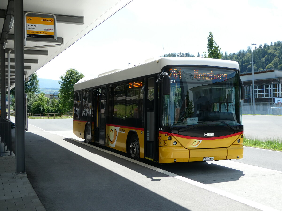(252'829) - Amstein, Willisau - Nr. SC 26/LU 15'609/PID 5318 - Scania/Hess (ex Schnider, Sch�pfheim) am 20. Juli 2023 beim Bahnhof Menznau
