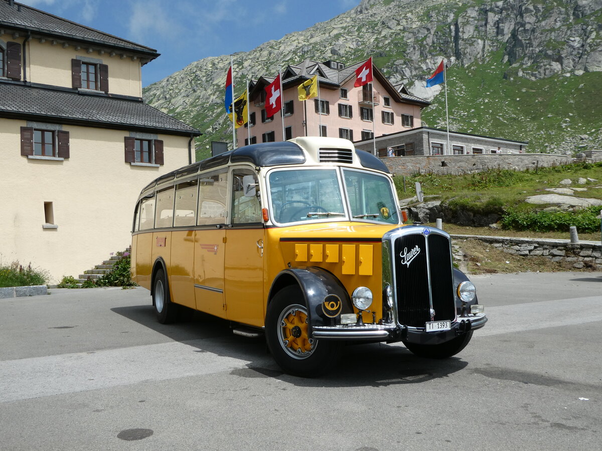 (252'885) - Barenco, Faido - TI 1393 - Saurer/R&J (ex Oldie-Reisen, Matzingen; ex M+79'506; ex P 23'139; ex P 2206) am 23. Juli 2023 in Gotthard, Passh�he