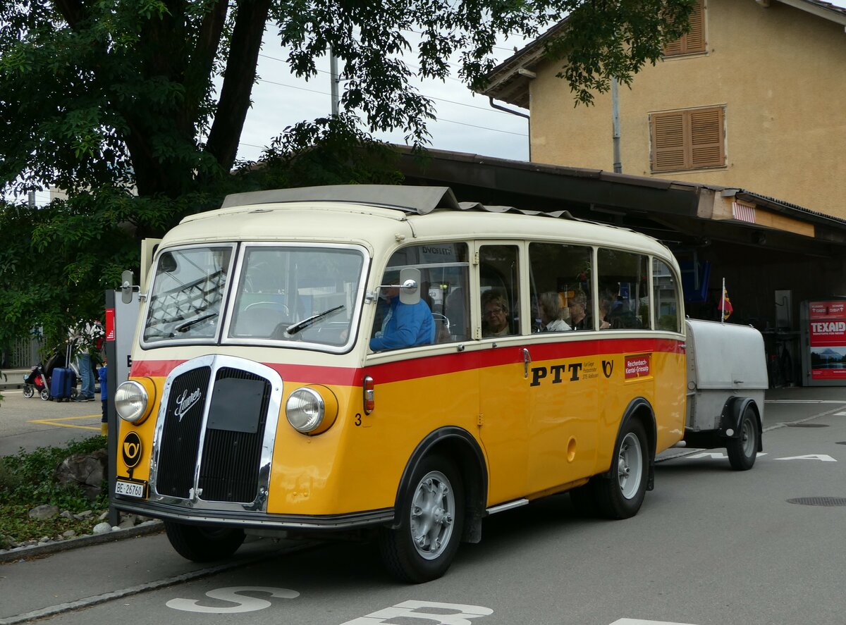 (253'536) - Schmid, Th�rishaus - Nr. 3/BE 26'760 - Saurer/Gangloff (ex Geiger, Adelboden Nr. 3) am 9. August 2023 beim Bahnhof G�mligen