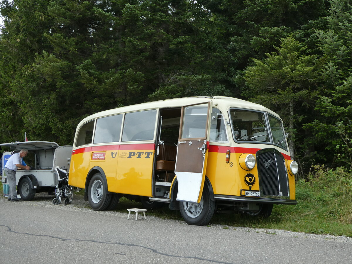 (253'538) - Schmid, Th�rishaus - Nr. 3/BE 26'760 - Saurer/Gangloff (ex Geiger, Adelboden Nr. 3) am 9. August 2023 bei Schwendi