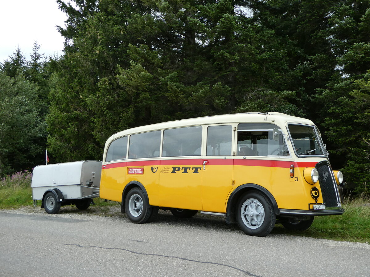 (253'540) - Schmid, Th�rishaus - Nr. 3/BE 26'760 - Saurer/Gangloff (ex Geiger, Adelboden Nr. 3) am 9. August 2023 bei Schwendi