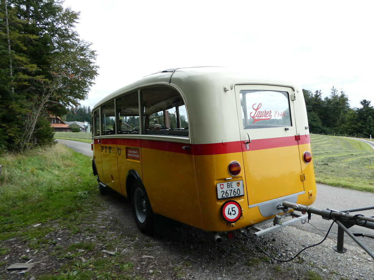 (253'544) - Schmid, Th�rishaus - Nr. 3/BE 26'760 - Saurer/Gangloff (ex Geiger, Adelboden Nr. 3) am 9. August 2023 bei Schwendi