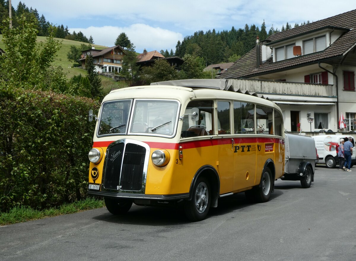 (253'547) - Schmid, Th�rishaus - Nr. 3/BE 26'760 - Saurer/Gangloff (ex Geiger, Adelboden Nr. 3) am 9. August 2023 in Rinderbach, Rest. zur S�ge