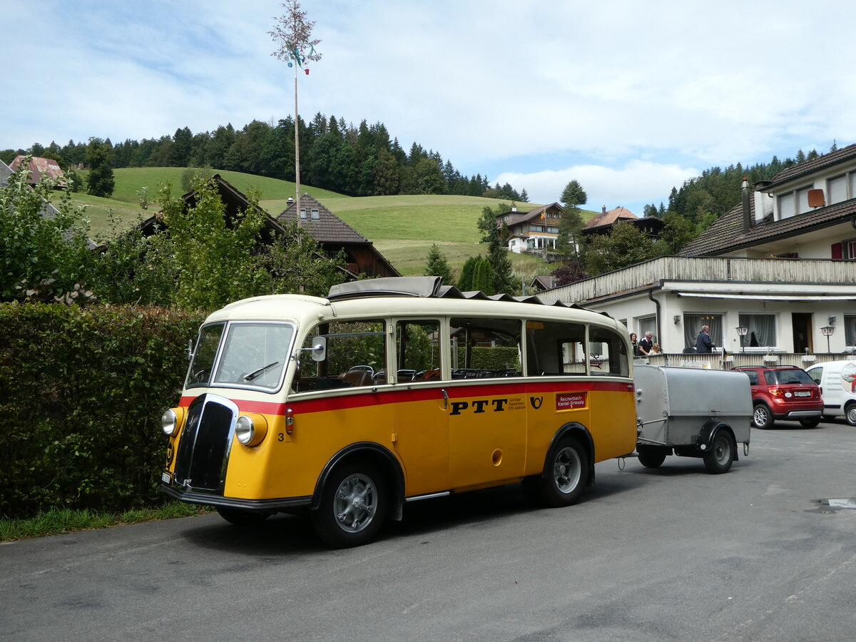 (253'548) - Schmid, Th�rishaus - Nr. 3/BE 26'760 - Saurer/Gangloff (ex Geiger, Adelboden Nr. 3) am 9. August 2023 in Rinderbach, Rest. zur S�ge