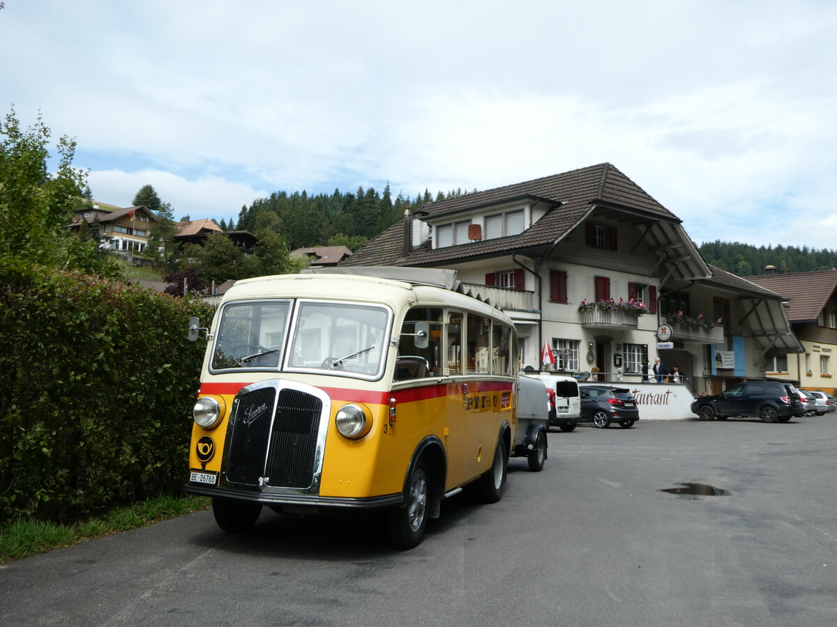 (253'549) - Schmid, Th�rishaus - Nr. 3/BE 26'760 - Saurer/Gangloff (ex Geiger, Adelboden Nr. 3) am 9. August 2023 in Rinderbach, Rest. zur S�ge
