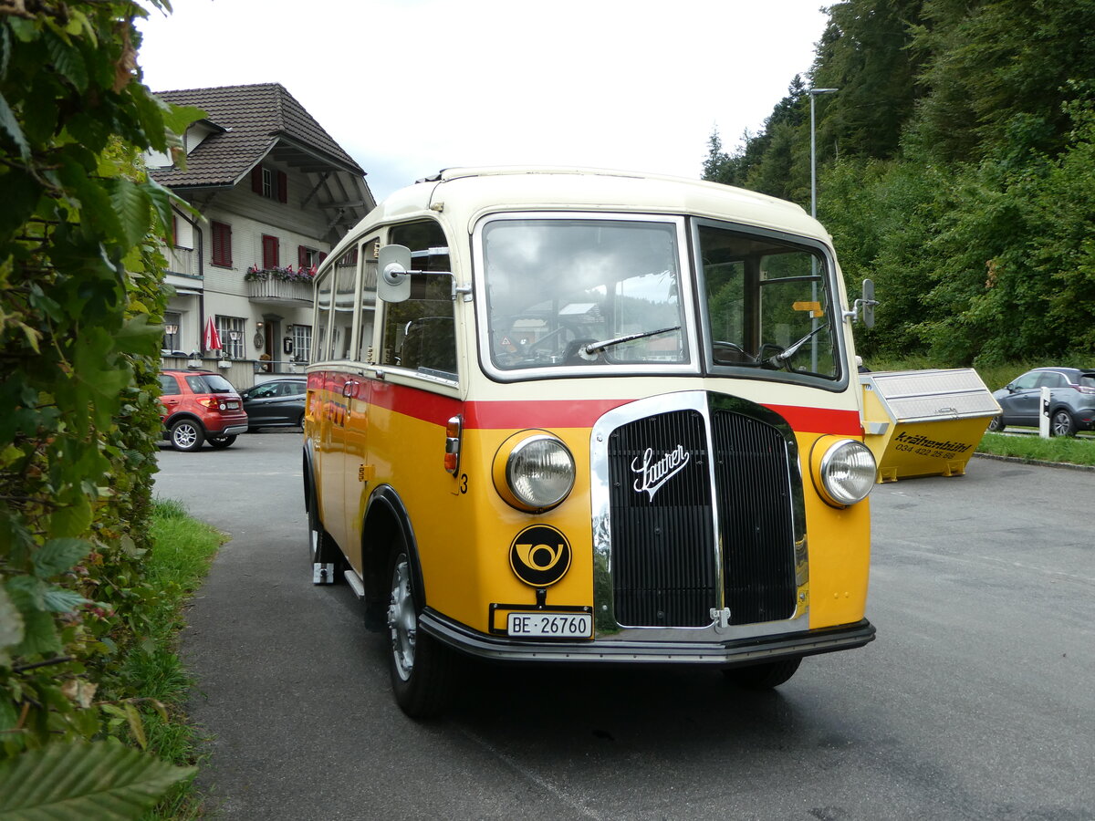 (253'553) - Schmid, Th�rishaus - Nr. 3/BE 26'760 - Saurer/Gangloff (ex Geiger, Adelboden Nr. 3) am 9. August 2023 in Rinderbach, Rest. zur S�ge