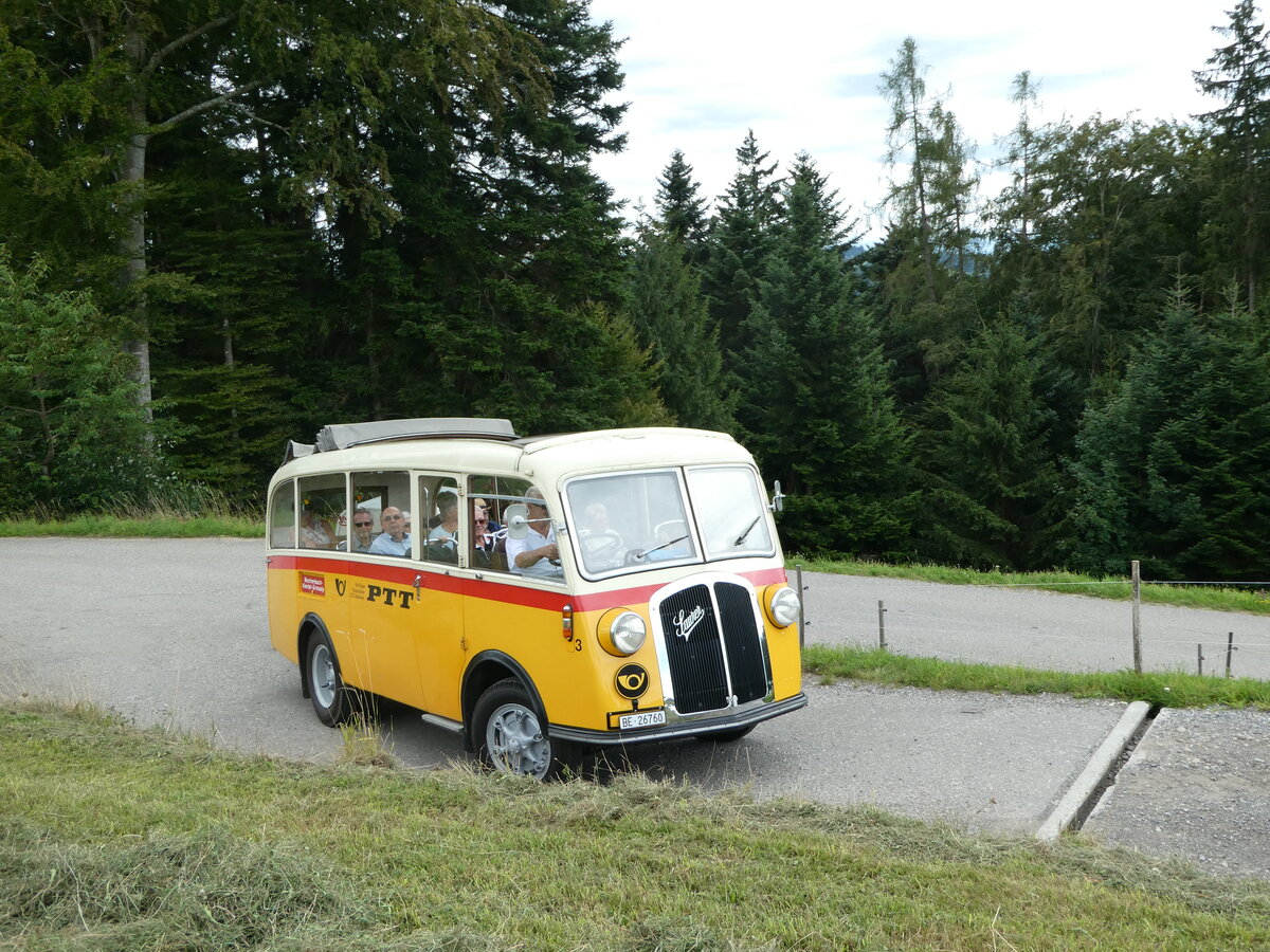 (253'566) - Schmid, Th�rishaus - Nr. 3/BE 26'760 - Saurer/Gangloff (ex Geiger, Adelboden Nr. 3) am 9. August 2023 in Bigenthal, Hellweid