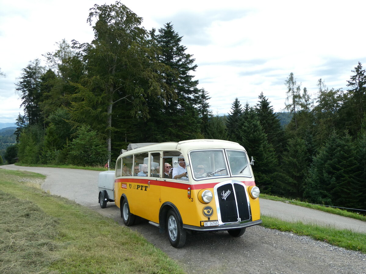 (253'568) - Schmid, Th�rishaus - Nr. 3/BE 26'760 - Saurer/Gangloff (ex Geiger, Adelboden Nr. 3) am 9. August 2023 in Bigenthal, Hellweid