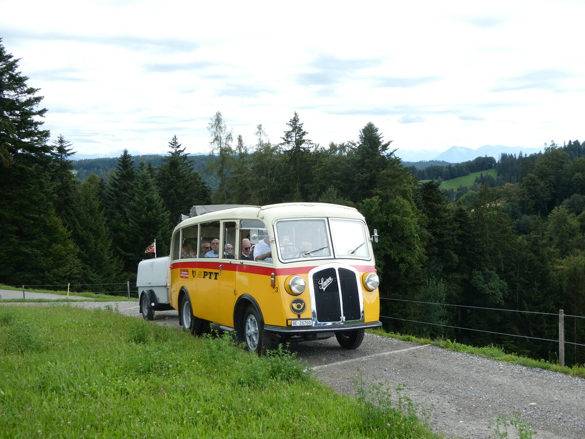 (253'569) - Schmid, Th�rishaus - Nr. 3/BE 26'760 - Saurer/Gangloff (ex Geiger, Adelboden Nr. 3) am 9. August 2023 in Bigenthal, Hellweid