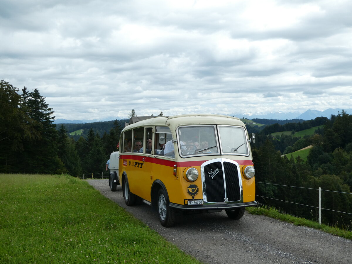 (253'570) - Schmid, Th�rishaus - Nr. 3/BE 26'760 - Saurer/Gangloff (ex Geiger, Adelboden Nr. 3) am 9. August 2023 in Bigenthal, Hellweid