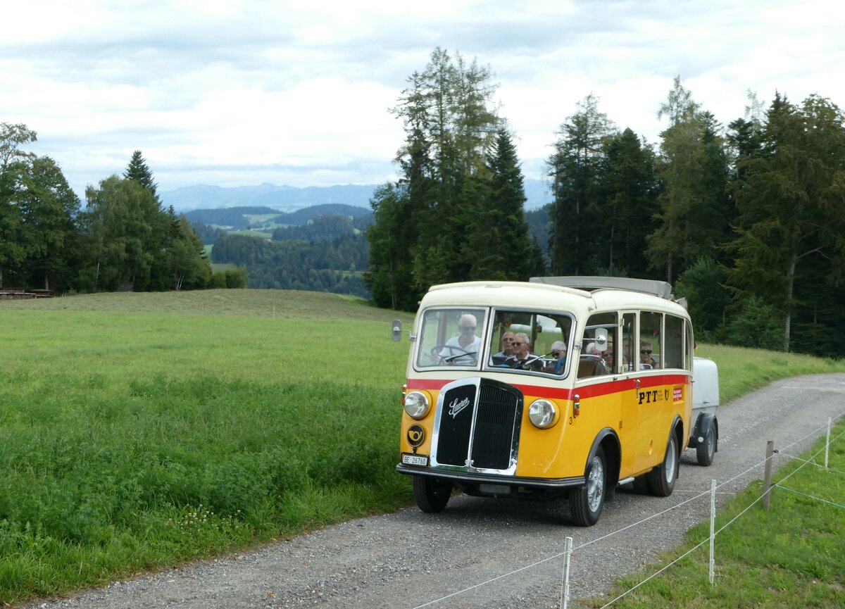 (253'571) - Schmid, Th�rishaus - Nr. 3/BE 26'760 - Saurer/Gangloff (ex Geiger, Adelboden Nr. 3) am 9. August 2023 in Bigenthal, Hellweid