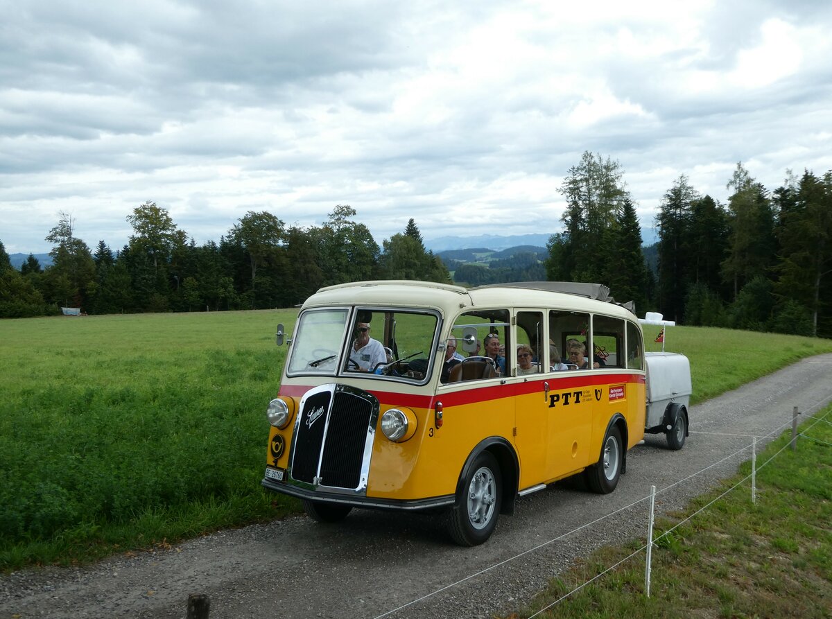 (253'573) - Schmid, Th�rishaus - Nr. 3/BE 26'760 - Saurer/Gangloff (ex Geiger, Adelboden Nr. 3) am 9. August 2023 in Bigenthal, Hellweid