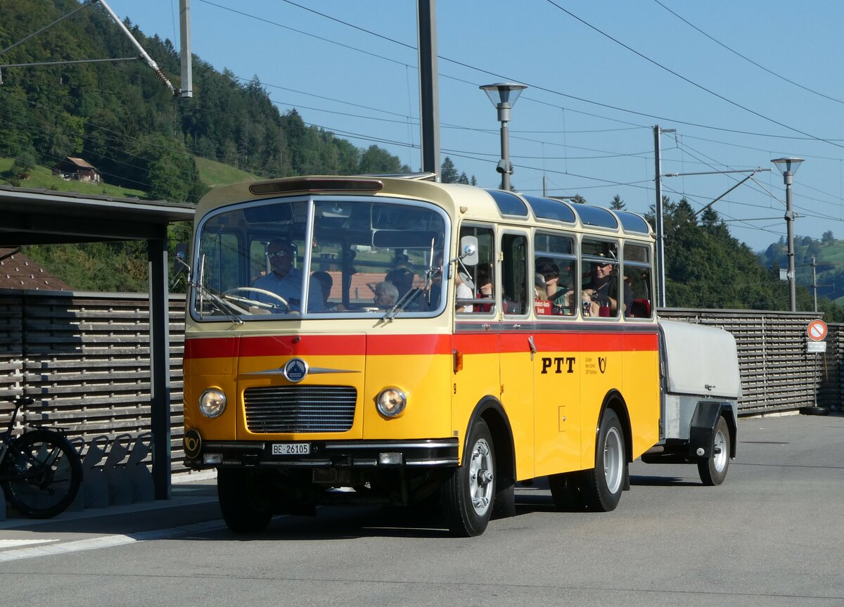 (255'049) - Schmid, Th�rishaus - Nr. 9/BE 26'105 - Saurer/R&J (ex Geiger, Adelboden Nr. 9) am 10. September 2023 beim Bahnhof Reichenbach