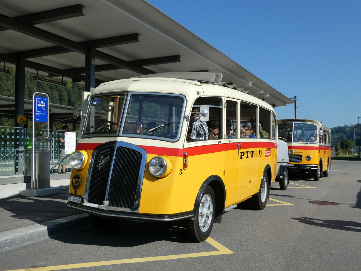 (255'051) - Schmid, Th�rishaus - Nr. 3/BE 26'760 - Saurer/Gangloff (ex Geiger, Adelboden Nr. 3) am 10. September 2023 beim Bahnhof Reichenbach