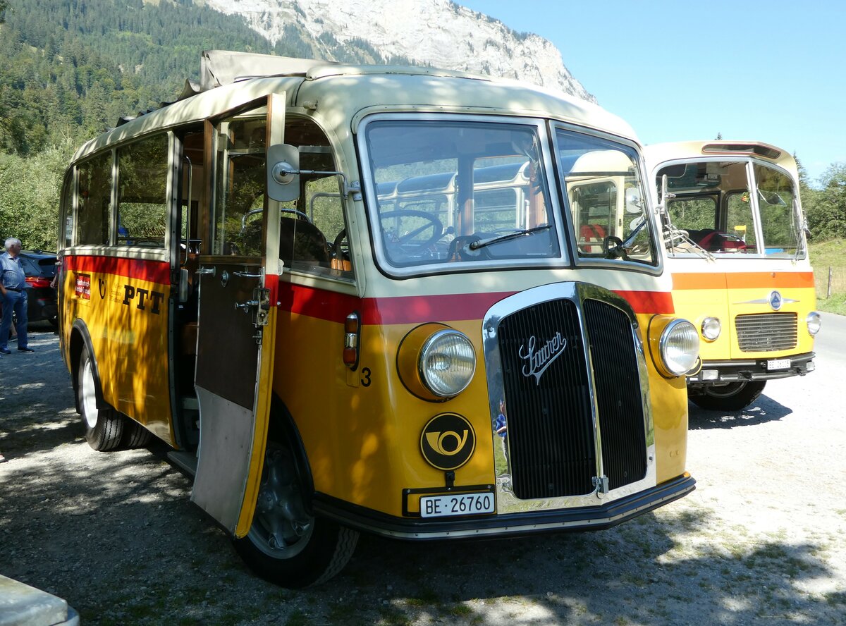 (255'057) - Schmid, Th�rishaus - Nr. 3/BE 26'760 - Saurer/Gangloff (ex Geiger, Adelboden Nr. 3) am 10. September 2023 in Kiental, Tschingelsee