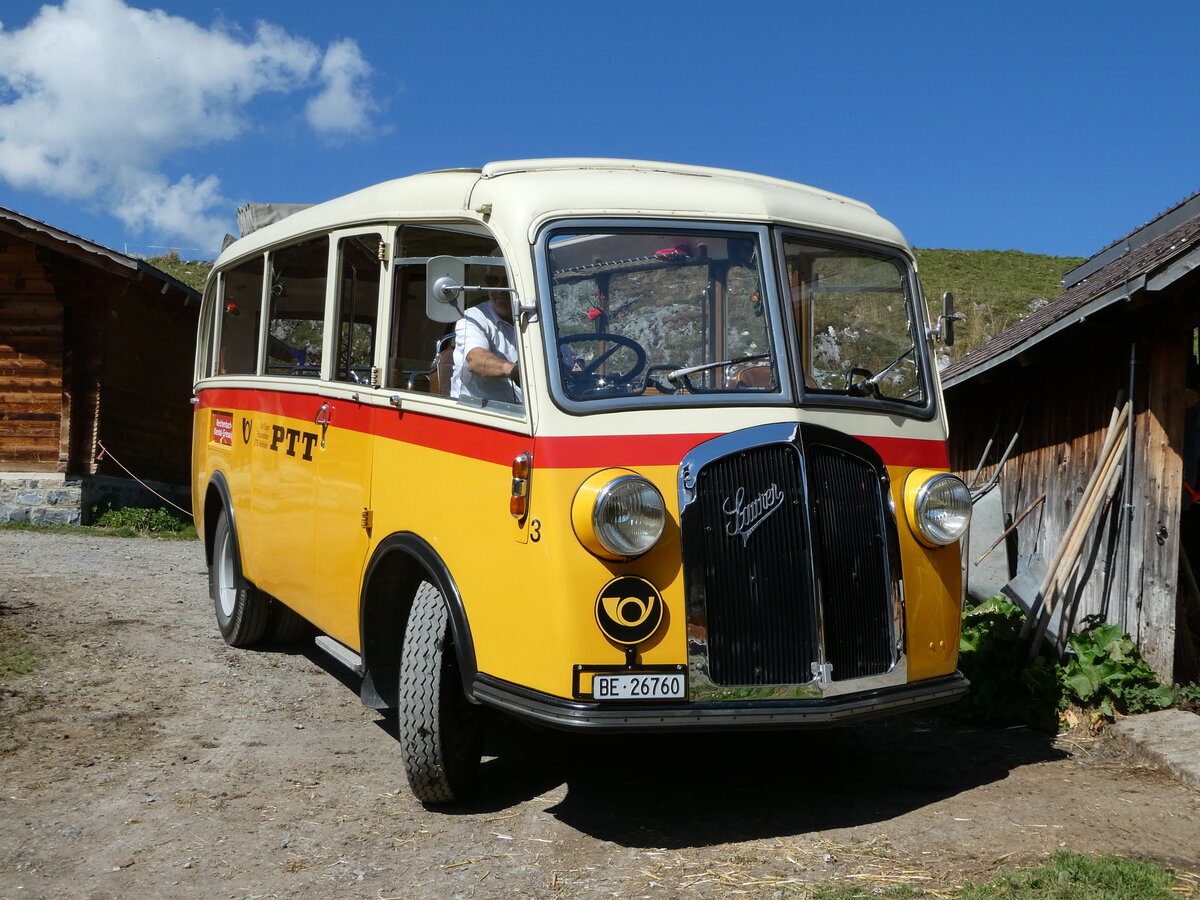 (255'082) - Schmid, Th�rishaus - Nr. 3/BE 26'760 - Saurer/Gangloff (ex Geiger, Adelboden Nr. 3) am 10. September 2023 auf der Bundalp