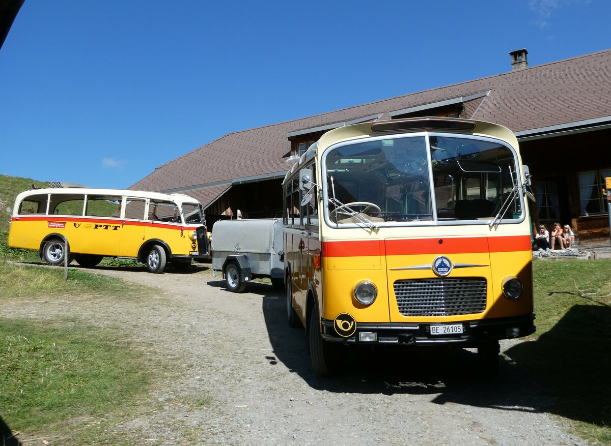 (255'085) - Schmid, Th�rishaus - Nr. 9/BE 26'105 - Saurer/R&J (ex Geiger, Adelboden Nr. 9) + Nr. 3/BE 26'760 - Saurer/Gangloff (ex Geiger, Adelboden Nr. 3) am 10. September 2023 auf der Bundalp