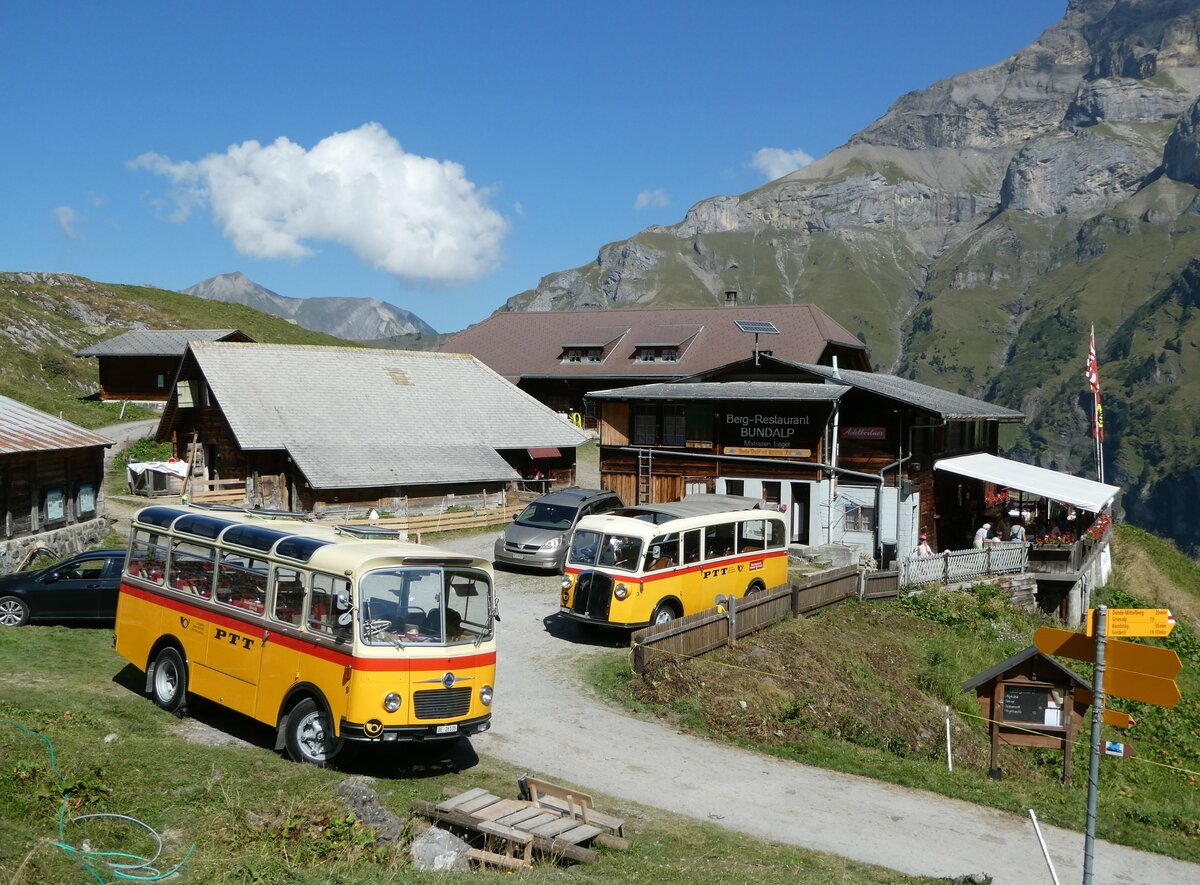 (255'106) - Schmid, Th�rishaus - Nr. 9/BE 26'105 - Saurer/R&J (ex Geiger, Adelboden Nr. 9) + Nr. 3/BE 26'760 - Saurer/Gangloff (ex Geiger, Adelboden Nr. 3) am 10. September 2023 auf der Bundalp
