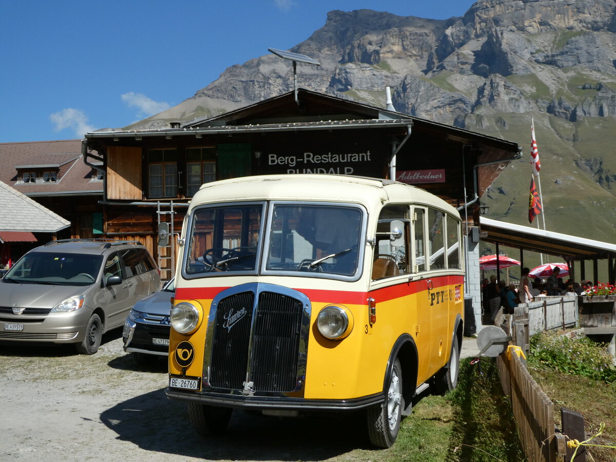 (255'107) - Schmid, Th�rishaus - Nr. 3/BE 26'760 - Saurer/Gangloff (ex Geiger, Adelboden Nr. 3) am 10. September 2023 auf der Bundalp