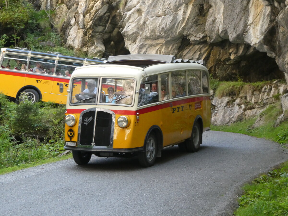 (255'115) - Schmid, Th�rishaus - Nr. 3/BE 26'760 - Saurer/Gangloff (ex Geiger, Adelboden Nr. 3) am 10. September 2023 in Griesalp, Griesschlucht