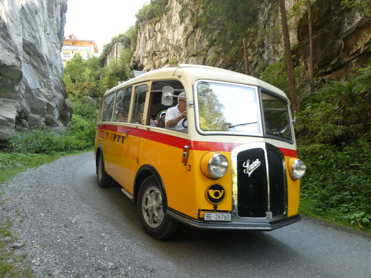 (255'116) - Schmid, Th�rishaus - Nr. 3/BE 26'760 - Saurer/Gangloff (ex Geiger, Adelboden Nr. 3) am 10. September 2023 in Griesalp, Griesschlucht
