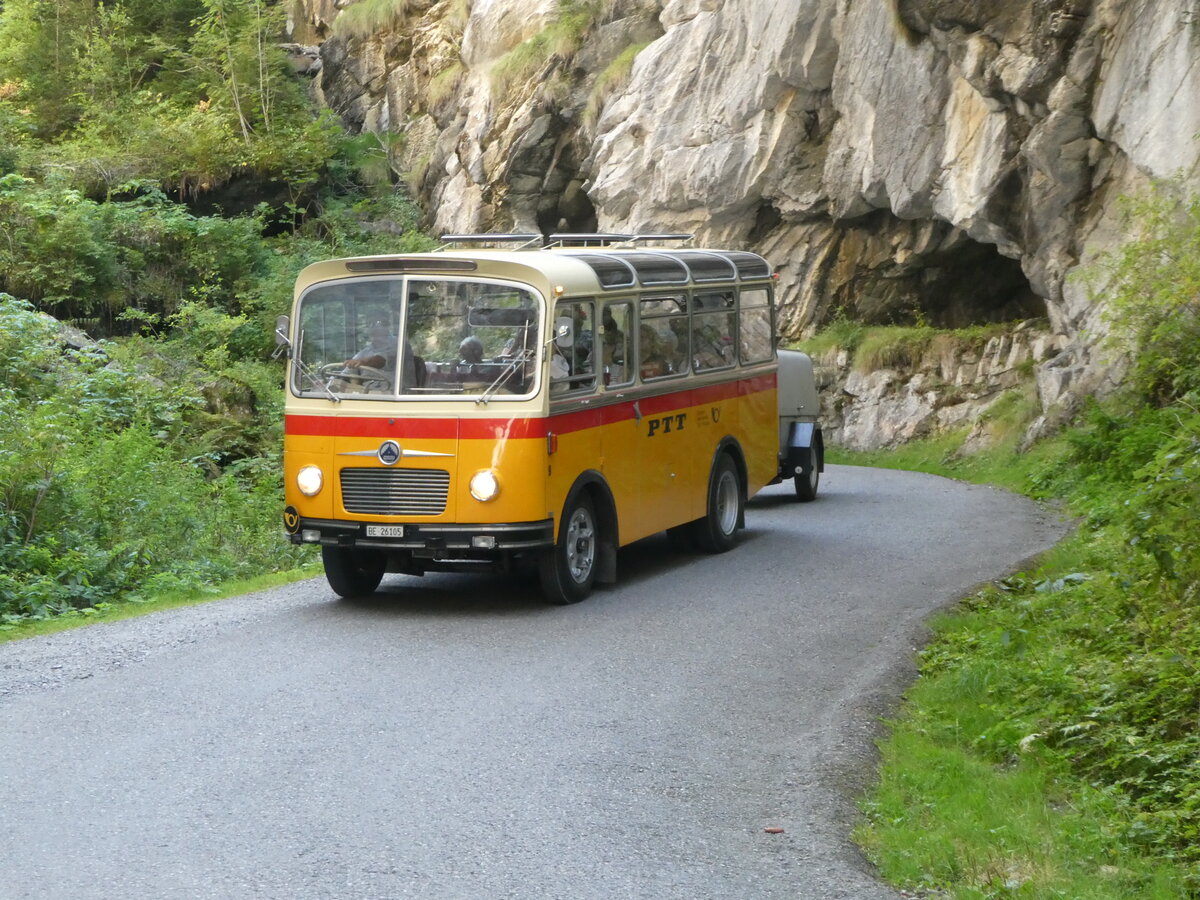 (255'117) - Schmid, Th�rishaus - Nr. 9/BE 26'105 - Saurer/R&J (ex Geiger, Adelboden Nr. 9) am 10. September 2023 in Griesalp, Griesschlucht 