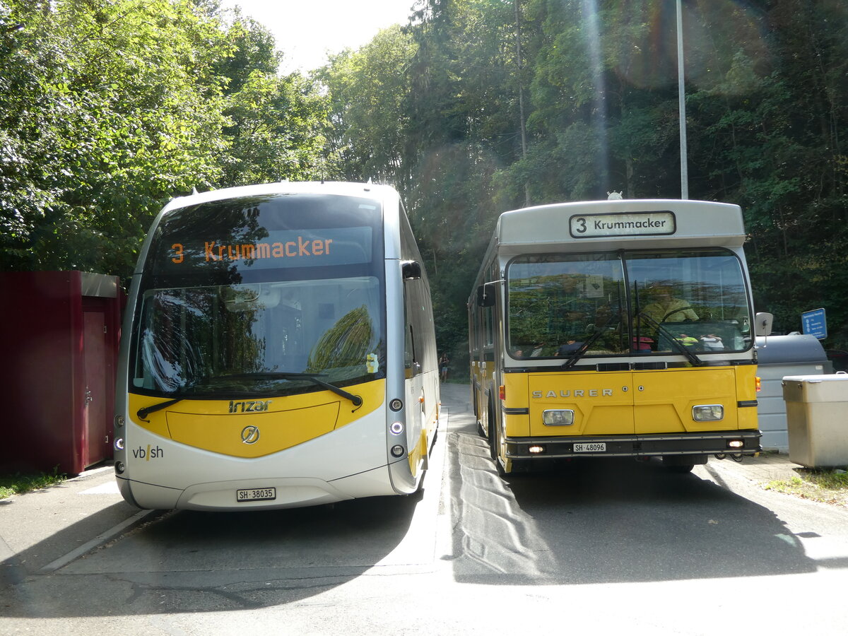(255'297) - VBSH Schaffhausen - Nr. 35/SH 38'035 - Irizar + Wanner, Schleitheim - SH 48'096 - Saurer/Hess (ex Ruklic, Schaffhausen; ex VBSH Schaffhausen Nr. 40; ex VBSH Schaffhausen Nr. 19) am 17. September 2023 in Schaffhausen, Sommerwies