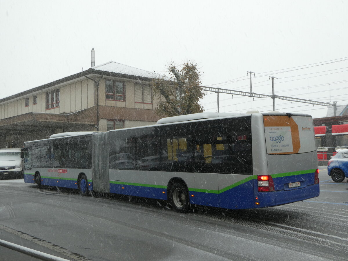 (257'300) - AS Engi - Nr. 15/GL 165 - MAN (ex TPL Lugano Nr. 438; ex Ryffel, Uster; ex Stucki, Porrentruy/PID 5433; ex SBC Chur Nr. 91) am 28. November 2023 beim Bahnhof Appenzell