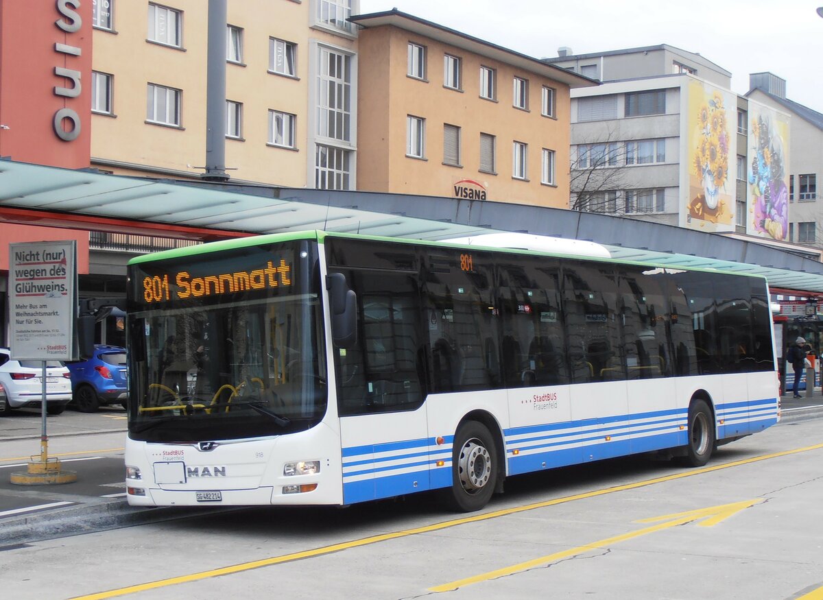 (257'663) - StadtBUS, Frauenfeld - Nr. 918/SG 482'214 - MAN (ex RTB Altst�tten Nr. 918; ex PostBus/A BD 15'338) am 15. Dezember 2023 beim Bahnhof Frauenfeld