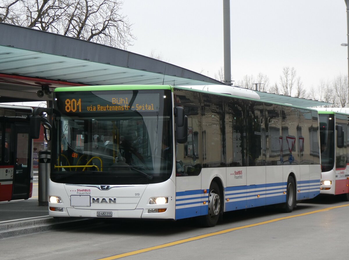 (258'537) - StadtBUS, Frauenfeld - Nr. 919/SG 482'215 - MAN (ex RTB Altst�tten Nr. 919; ex PostBus/A BD 15'352) am 9. Januar 2024 beim Bahnhof Frauenfeld