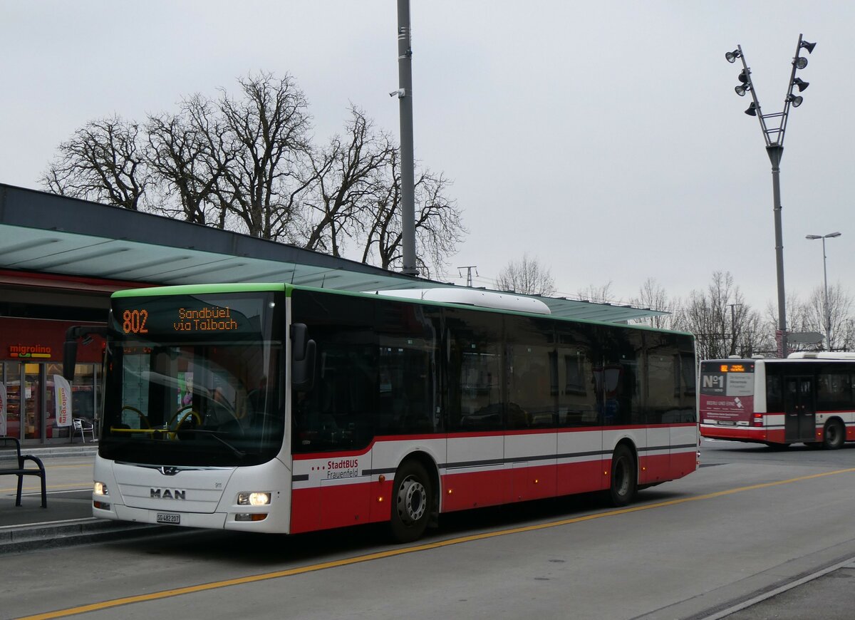 (258'538) - StadtBUS, Frauenfeld - Nr. 911/SG 482'207 - MAN (ex RTB Altst�tten Nr. 911; ex PostBus/A BD 15'342) am 9. Januar 2024 beim Bahnhof Frauenfeld 
