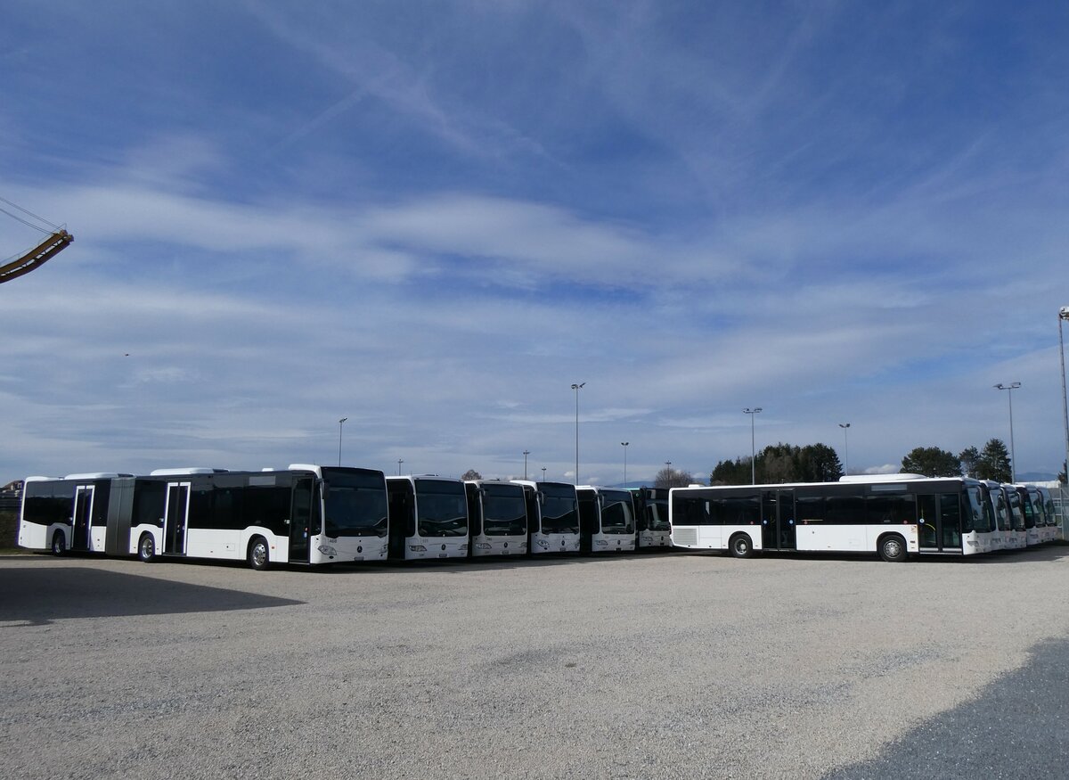 (259'883) - Intertours, Domdidier - Nr. 468/FR 300'468 - Mercedes (ex Nr. 201) + Nr. 484/FR 300'484 - Mercedes (ex PostAuto Bern Nr. 1/PID 4561; ex Klopfstein, Laupen Nr. 1) am 2. M�rz 2024 in Domdidier, Garage