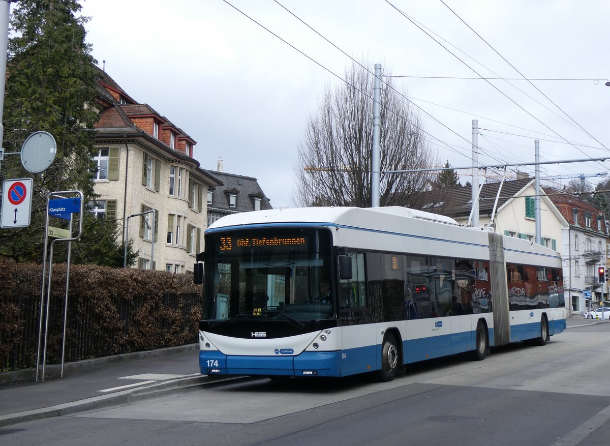 (260'144) - VBZ Z�rich - Nr. 174 - Hess/Hess Gelenktrolleybus am 4. M�rz 2024 in Z�rich, Klusplatz