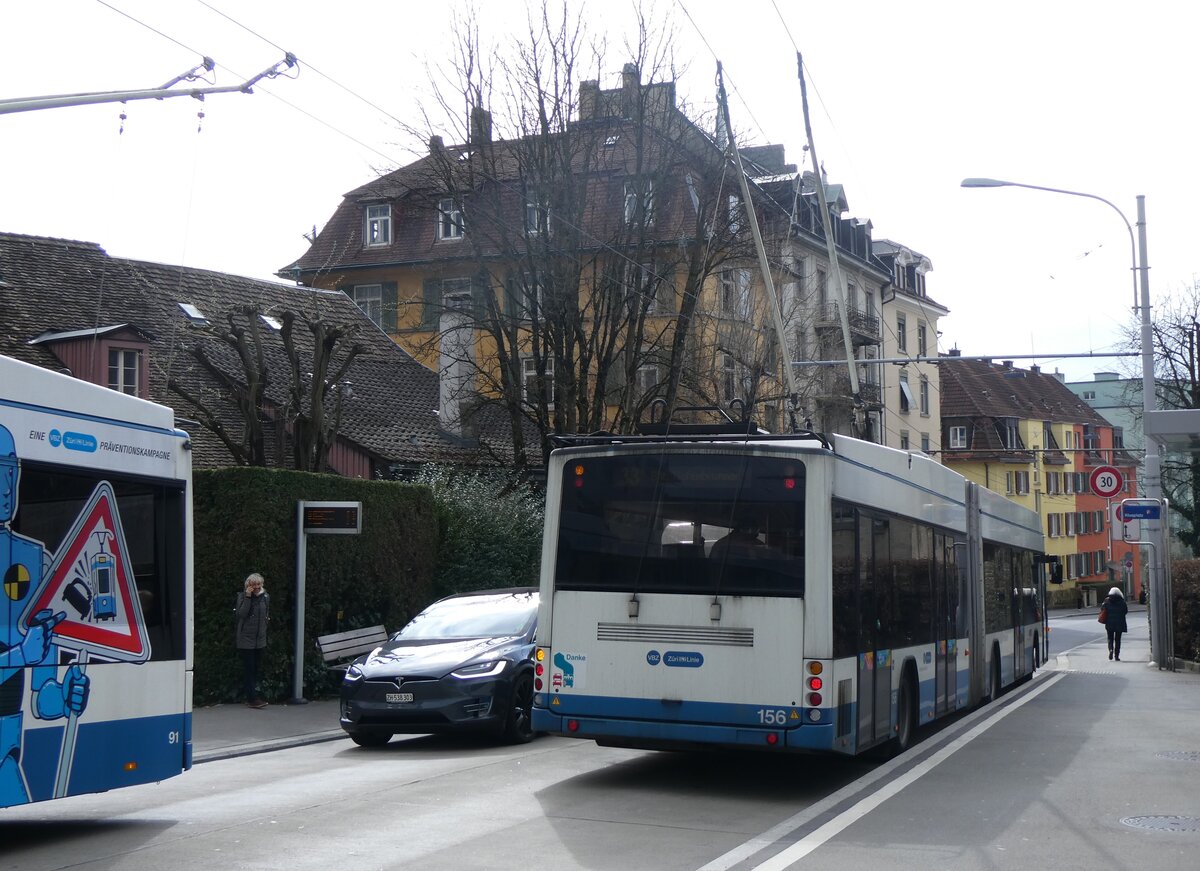 (260'150) - VBZ Z�rich - Nr. 156 - Hess/Hess Gelenktrolleybus am 4. M�rz 2024 in Z�rich, Klusplatz