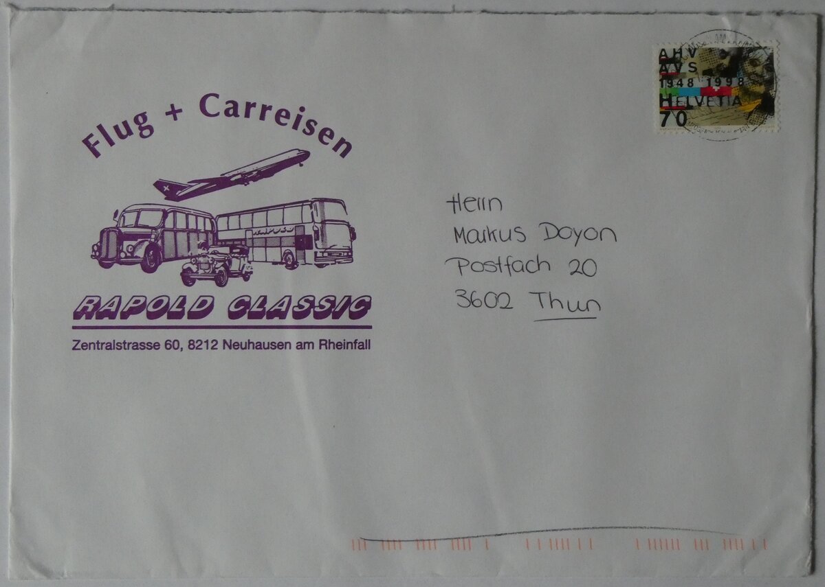 (260'181) - Rapold-Briefumschlag vom 1. Juli 1998 am 8. M�rz 2024 in Thun