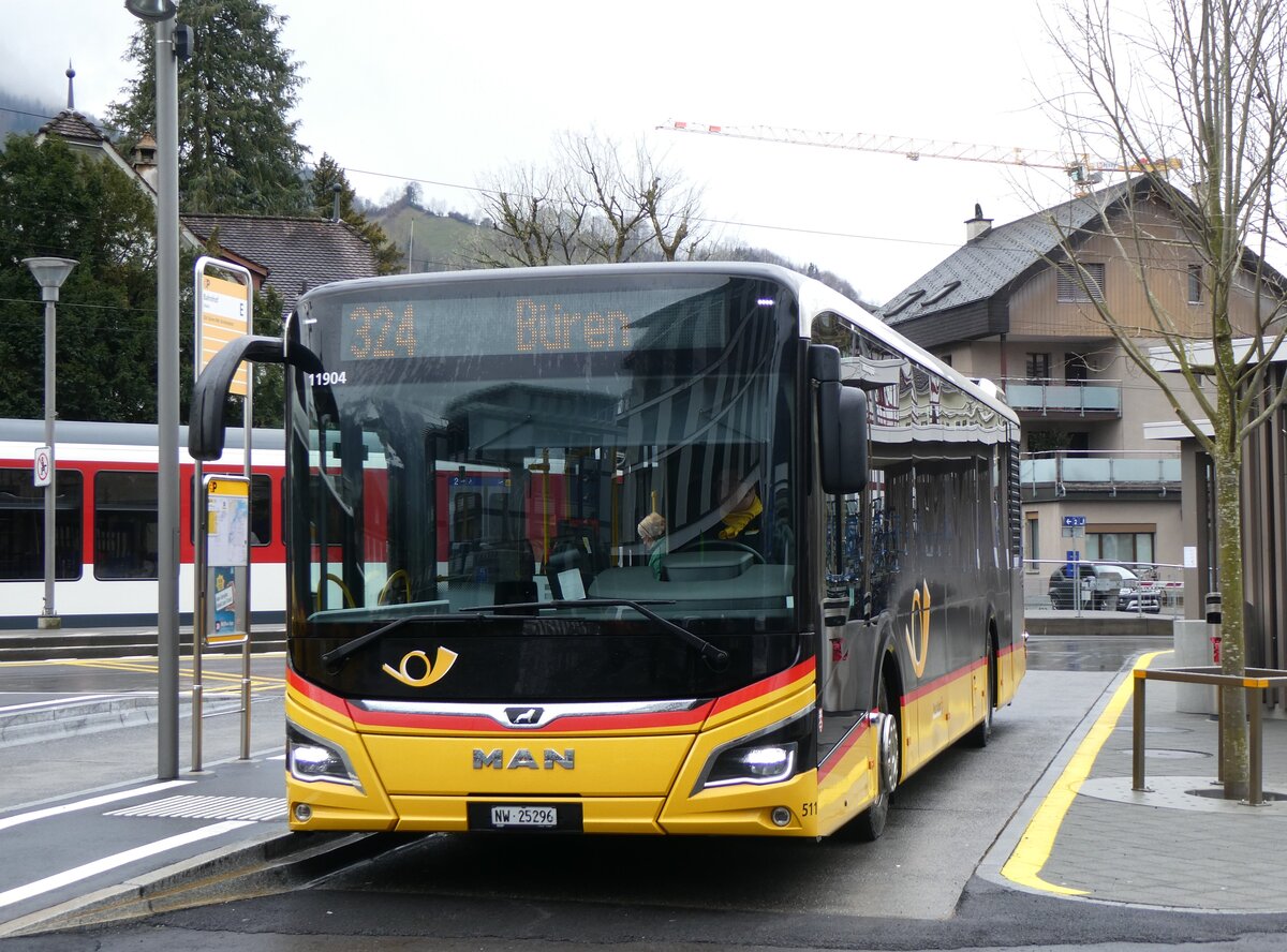 (260'285) - PostAuto Zentralschweiz - Nr. 511/NW 25'296/PID 11'904 - MAN am 12. M�rz 2024 beim Bahnhof Stans