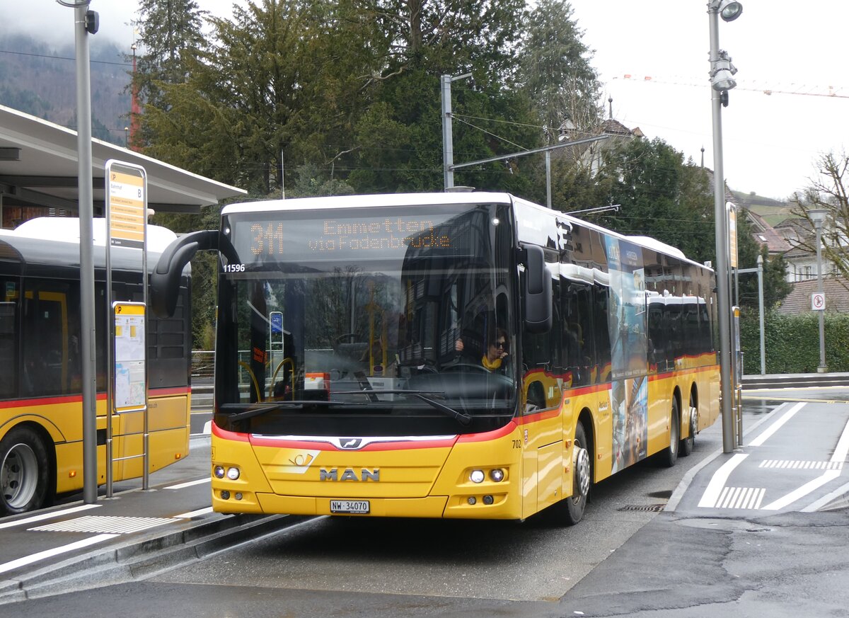 (260'287) - PostAuto Zentralschweiz - Nr. 702/NW 34'070/PID 11'596 - MAN (ex Nr. 72) am 12. M�rz 2024 beim Bahnhof Stans