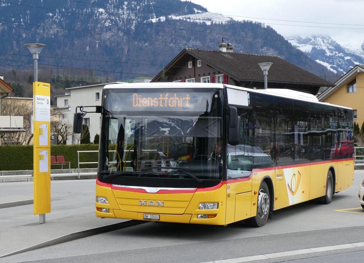 (260'323) - PostAuto Zentralschweiz - Nr. 502/OW 10'002/PID 10'266 - MAN (ex Nr. 5; ex Dillier, Sarnen Nr. 5) am 12. M�rz 2024 beim Bahnhof Sarnen