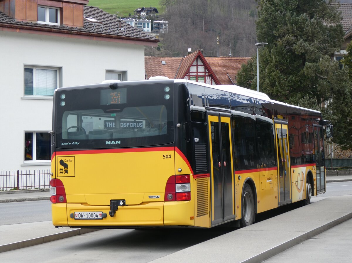 (260'330) - PostAuto Zentralschweiz - Nr. 504/OW 10'004/PID 10'777 - MAN (ex Nr. 10; ex Dillier, Sarnen Nr. 10) am 12. M�rz 2024 beim Bahnhof Sarnen